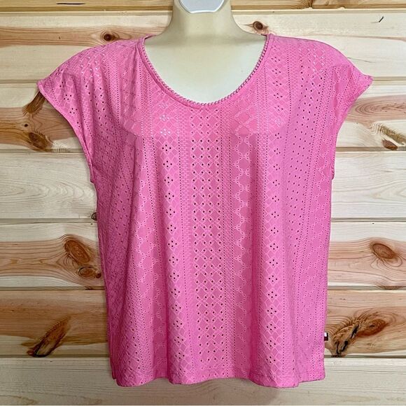 Tommy Hilfiger Eyelet Cap Sleeve Scoop Neck Salmon Tee Size Large New - Picture 1 of 3